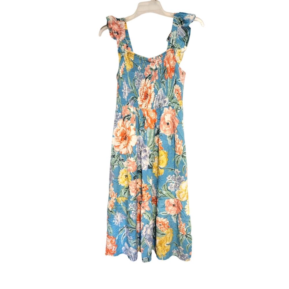 LOFT Medium Blue Floral Ruffle Dress Boho Cottage Hawaii Beach Summer Midi EUC
